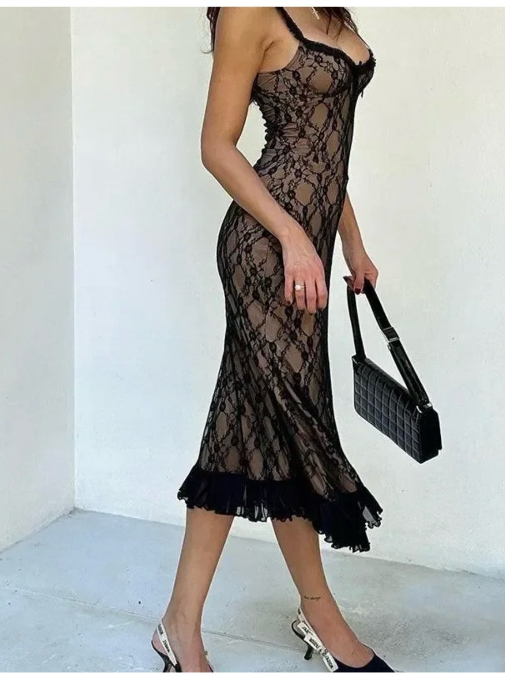 Black Lace Midi Dress | Sheer Nude Underlay | Elegant & Sexy | New - Picture 3 of 7